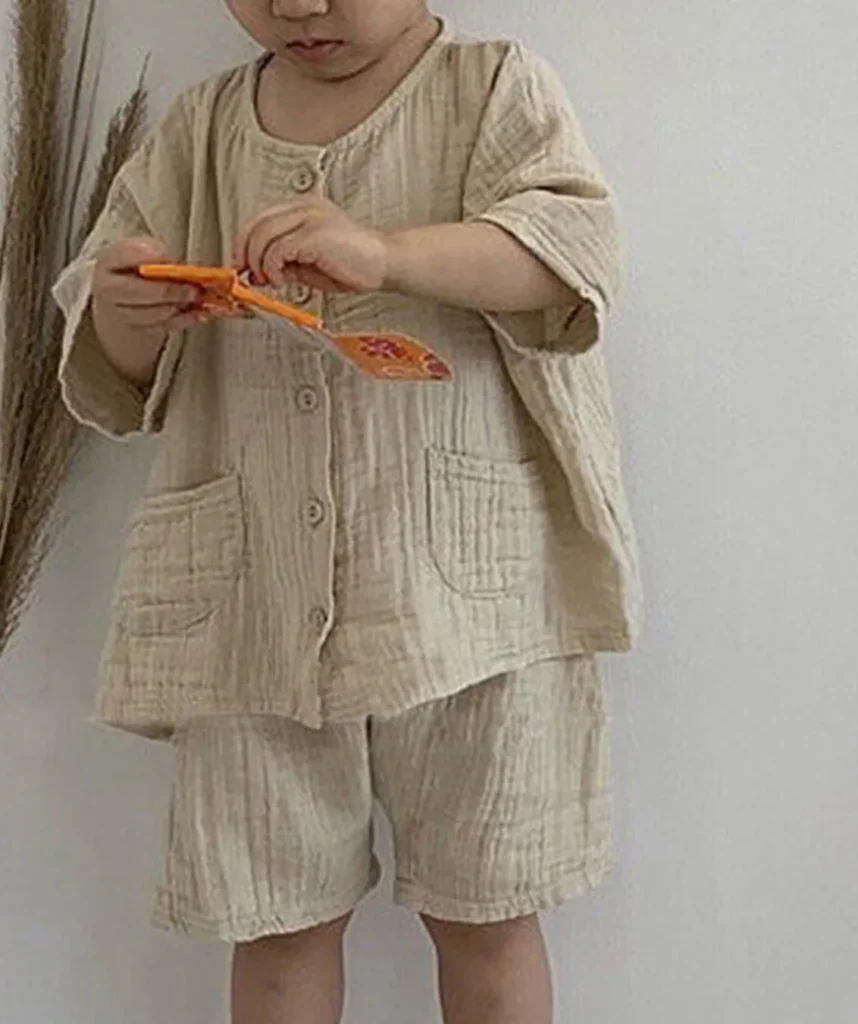Ropa para niños, ropa para niños, 2 uds., blusa con bolsillo + pantalones cortos de lino, conjuntos informales de verano para niñas y niños pequeños, Tops con botones coreanos