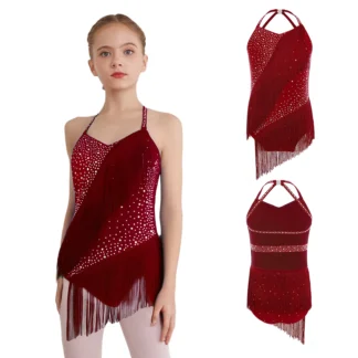 Leotardo de baile latino para niñas, sin mangas, cuello Halter, espalda descubierta, diamantes de imitación, borlas, mono para actuación de patinaje artístico