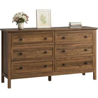 CARPETNAL Cómoda de nogal 55 para dormitorio, cómoda de 6 cajones con cajón ancho y tiradores de metal, cómoda y cómoda de madera