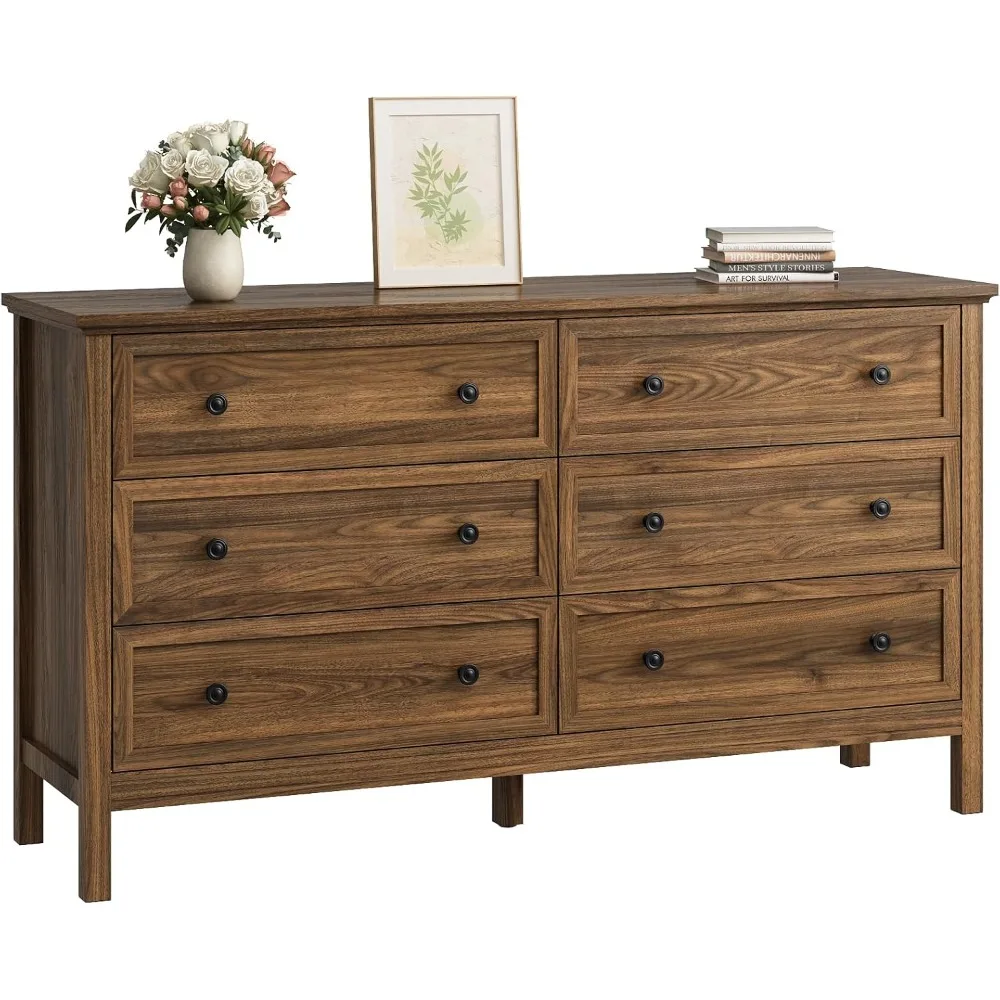 CARPETNAL Cómoda de nogal 55 para dormitorio, cómoda de 6 cajones con cajón ancho y tiradores de metal, cómoda y cómoda de madera