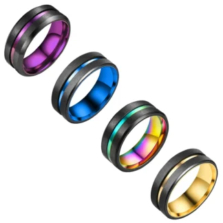Anillos de acero inoxidable de color oro rosa para hombre, ranura azul, borde biselado, anillo de promesa, joyería de moda, 8 mm