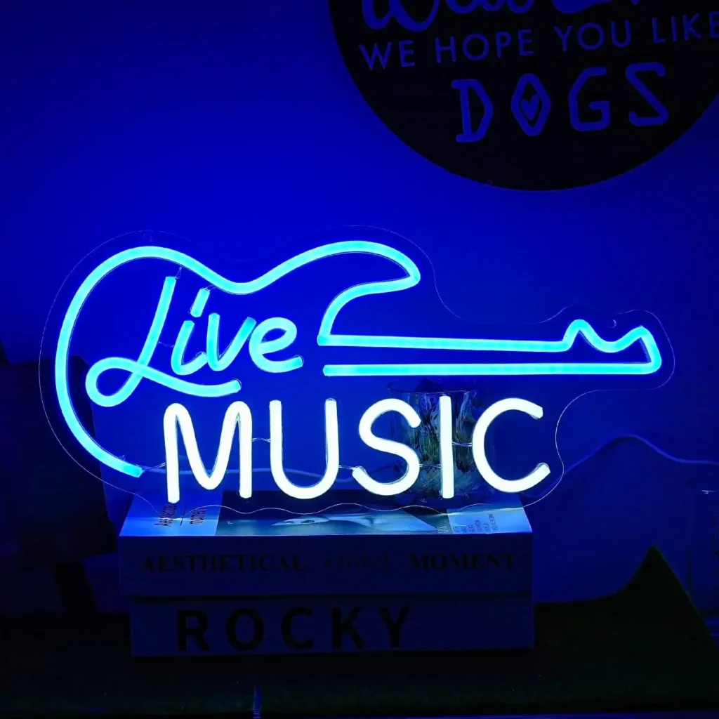 Letrero de neón de guitarra para decoración de pared, luz LED, letras, arte decorativo, Azul, Blanco, música en vivo, estudio de música