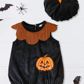 Lindo disfraz de Halloween para niños pequeños calabaza araña murciélago bordado a rayas flor sin mangas mameluco y gorra conjunto de 2 piezas para niña