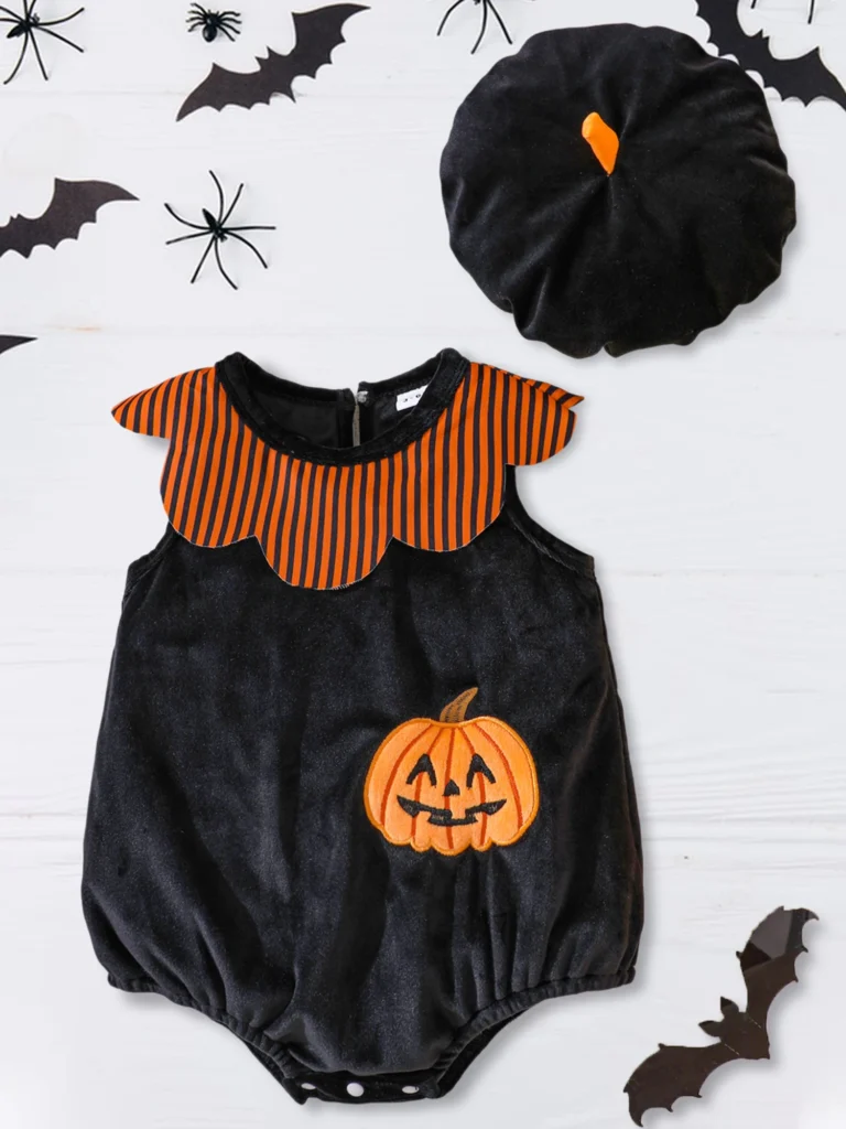 Lindo disfraz de Halloween para niños pequeños calabaza araña murciélago bordado a rayas flor sin mangas mameluco y gorra conjunto de 2 piezas para niña