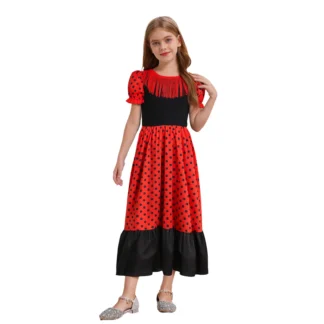 Vestido de baile Flamenco para niñas, disfraz de actuación de Halloween, borlas, cuello redondo, mangas cortas abullonadas, vestido Midi de bloques de Color de puntos