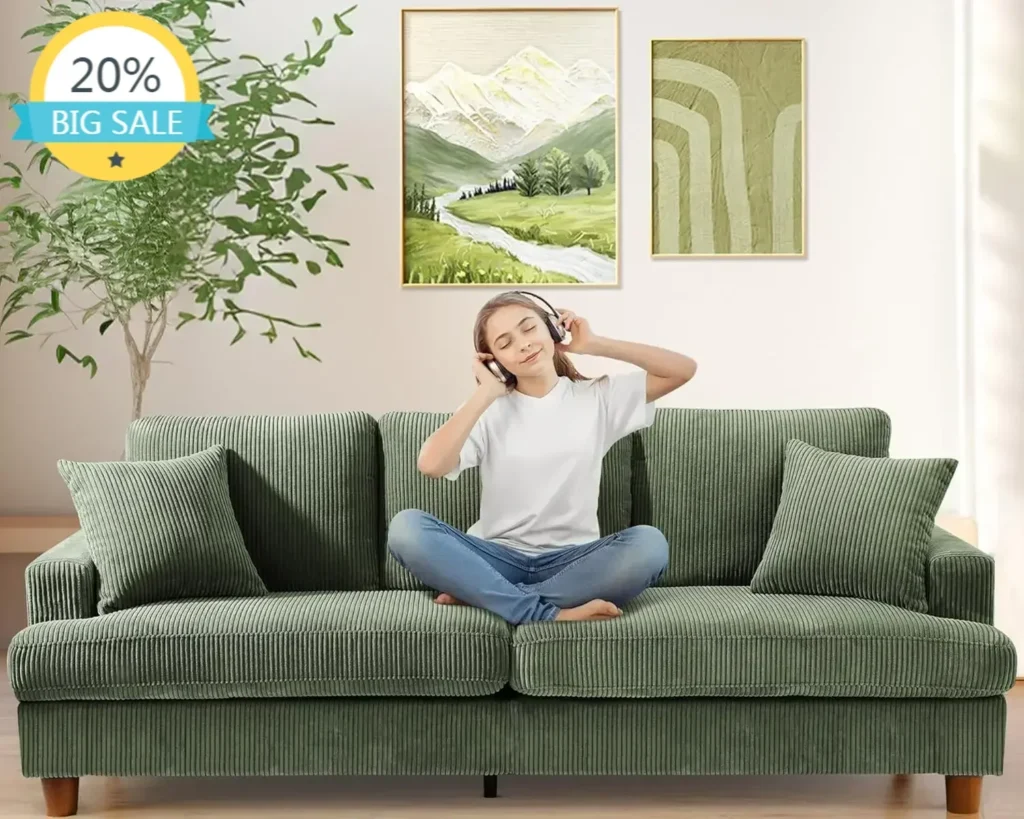 Sofá verde de 87 pulgadas, sofás para sala de estar sin montaje de herramientas, asiento moderno de gran tamaño con 2 almohadas, sofá dormitorio