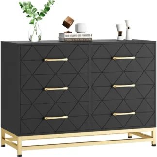 Jojoka Cómoda de 6 cajones, cómoda de madera negra para armario, soporte para TV, cómoda moderna para dormitorio, sala de estar, pasillo, Nur