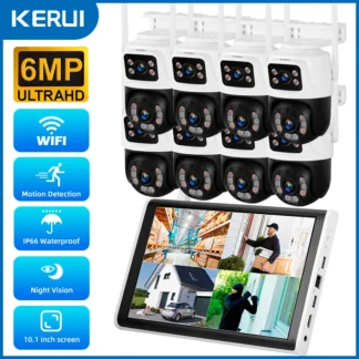 KERUI 8CH NVR inalámbrico 6MP WIFI cámara de vigilancia IP de doble lente Monitor LCD de 10,1 pulgadas sistema de seguridad de jardín para el hogar grabadora de vídeo