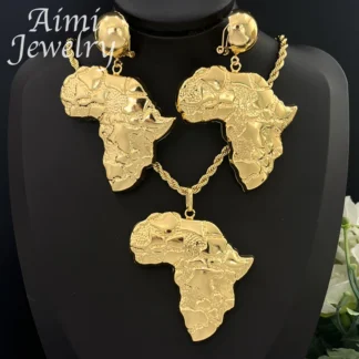 Mapa de África Dubai, conjunto de joyería chapada en oro de 24 quilates, colgante, collar, pendientes, fiesta de mujer, regalo de boda nupcial egipcio nigeriano africano