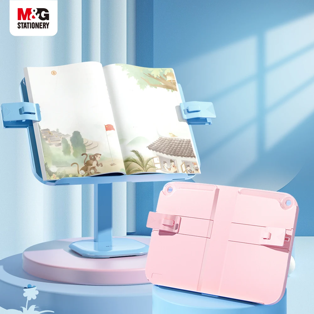 M & G soporte de lectura de elevación de escritorio, dispositivo de lectura, soportes de libros para estudiantes de cabeza Anti baja, soporte de lectura multifuncional, Rosa/azul