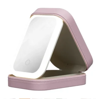 Mini organizador de maquillaje con espejo LED, espejo de maquillaje recargable por USB con caja de joyería ligera, bolsa de almacenamiento, bolsa de maquillaje portátil