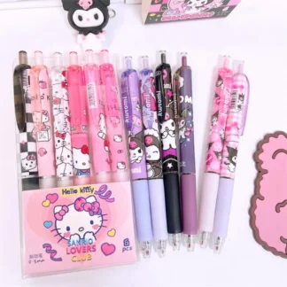 6 unids/set Hello Kitty Kuromi bolígrafo con pulsador dibujos animados Sanrio Kt Cat Kawayii 0,5 Mm bolígrafos de papelería negros premio escolar