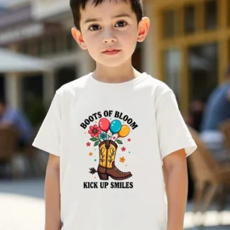 Ropa Tween para niñas y niños, camiseta de algodón con tema de vaquero occidental, camiseta informal blanca con bota, globos y elementos florales