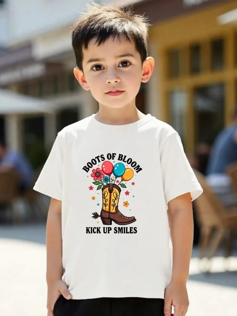 Ropa Tween para niñas y niños, camiseta de algodón con tema de vaquero occidental, camiseta informal blanca con bota, globos y elementos florales
