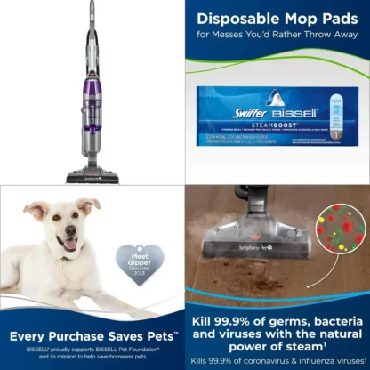 Trapeador de vapor y aspirador para suelos de madera dura y azulejos, almohadillas de microfibra, morado, modelo 1543A