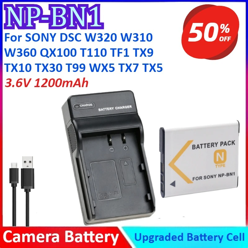 NP-BN1 3,6 V 1200mAh batería de cámara + cargador para SONY DSC W320 W310 W360 QX100 T110 TX9 TX10 TX30 T99 WX5 TX7 TX5 W390 W380 W350