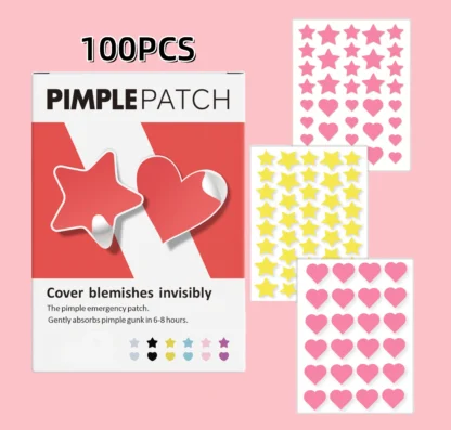100 Uds. Parches para el acné con forma de corazón y estrella, resistentes al agua, transpirables para cubrir espinillas y cuidar la piel, esenciales para el día a día