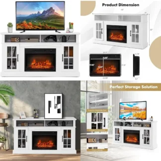 Soporte de TV con chimenea eléctrica para televisores de 65 pulgadas, calentador de 1400 W, control remoto, temporizador de 6 horas, configuración de llama de 3 niveles