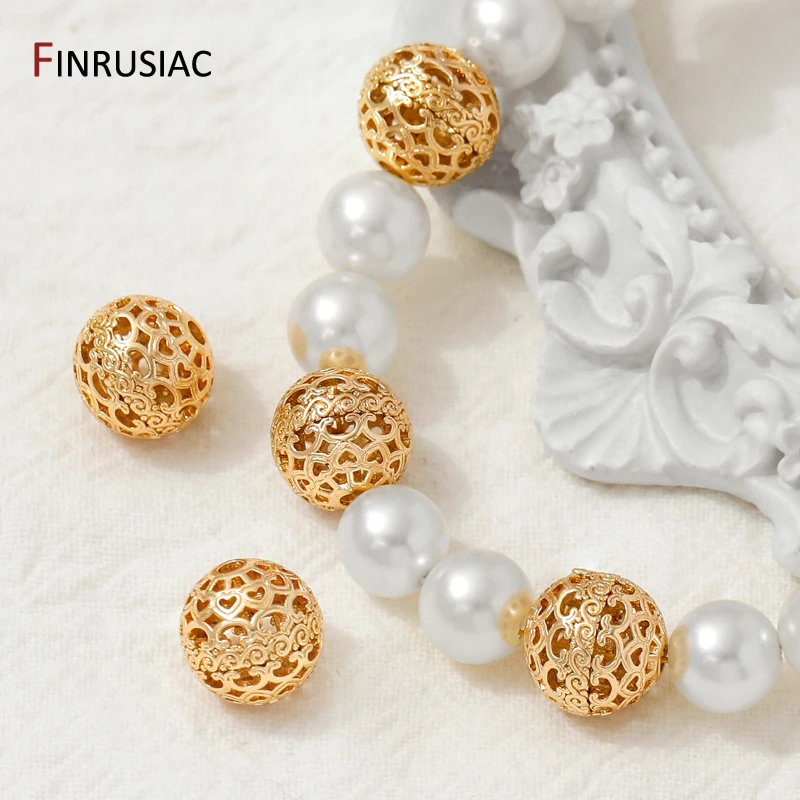 Cuentas espaciadoras huecas redondas de latón chapado en oro de 8/10mm y 14K, separador para cuentas, cuentas con patrón de corazón para suministros de joyería DIY