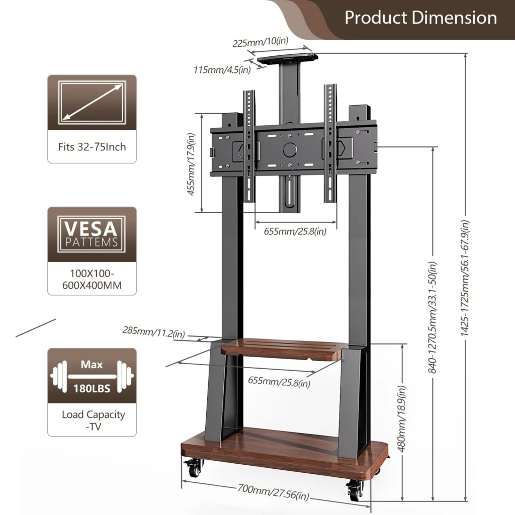 Soporte de TV de piso rodante móvil con rueda de bloqueo de estante, carrito de TV móvil para pantallas de 32"-75", altura ajustable VESA 600x400 mm