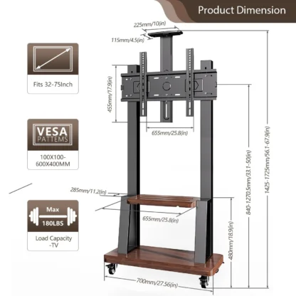 Soporte de TV de piso rodante móvil con rueda de bloqueo de estante, carrito de TV móvil para pantallas de 32"-75", altura ajustable VESA 600x400 mm