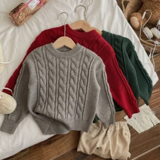 Otoño Invierno niños suéter de algodón sólido grueso cálido bebés jerseys Retro suelto cuello redondo 1-8Y niños prendas de punto
