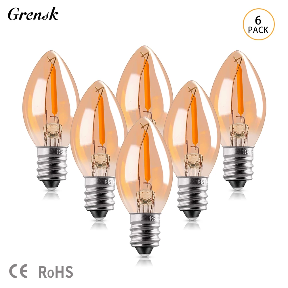 6 uds decoración navideña bombillas LED C7 lámpara de noche 0,5 W E14 E12 2200K bombilla de vidrio ámbar regulable luces suaves Vintage para exteriores