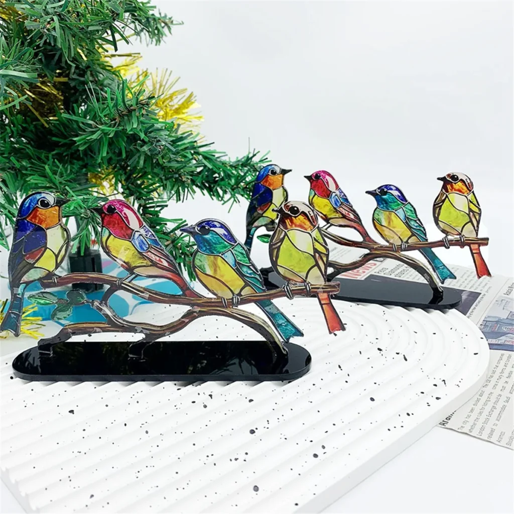 Pájaros teñidos en rama, adornos de escritorio, acrílico de doble cara, arte de mesa, decoración de la habitación del hogar