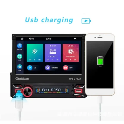 1Din estéreo de coche inalámbrico CarPlay Android Auto 7In pantalla táctil abatible eléctrica Radio de coche Bluetooth Mirror Link cámara G