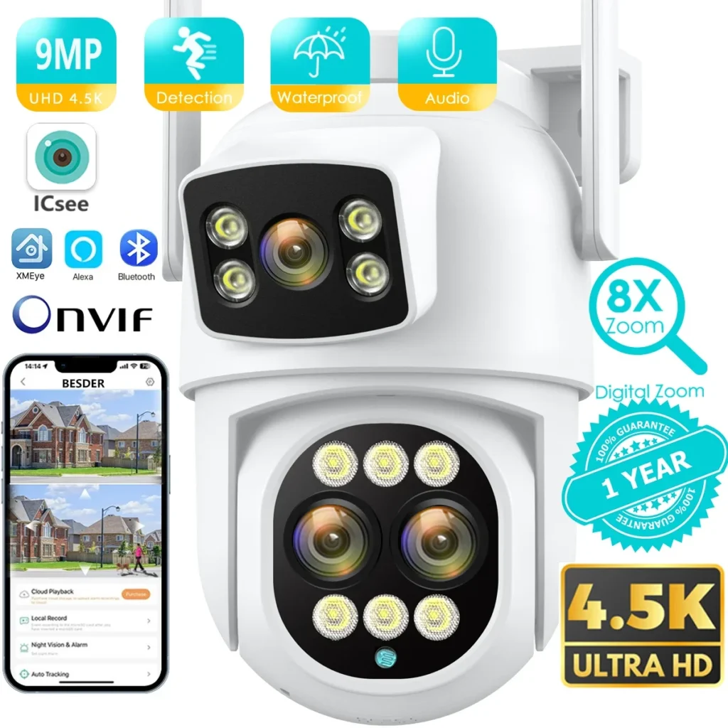 Cámara de vigilancia IP para exteriores, videocámara PTZ de 9MP, 4K, HD, WiFi, Zoom 8X, pantallas duales de 6MP, seguimiento automático, visión nocturna, aplicación ICSEE