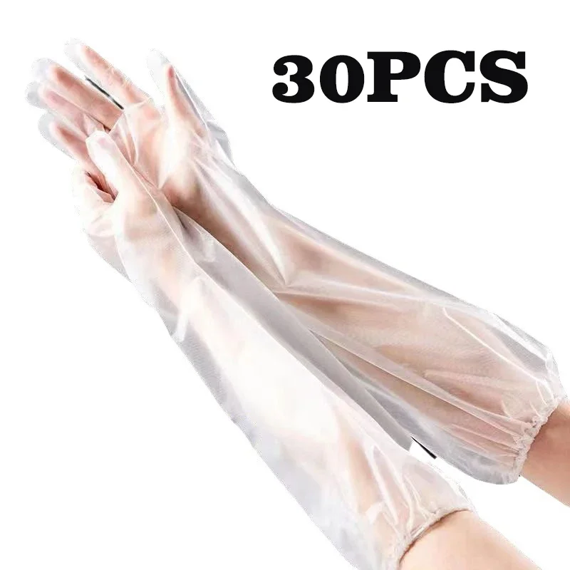 30 Uds guantes desechables para el brazo cocina limpieza del hogar impermeable elástico cordón alargado CPE guantes de brazo largo