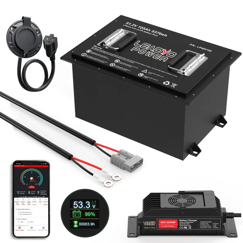 Batería LiFePO4 para carrito de golf, 48V(51,2 V), 105Ah, paquete de litio BMS de 250A, más de 6000 ciclos con pantalla LCD y Monitor Bluetooth de 20A + cargador