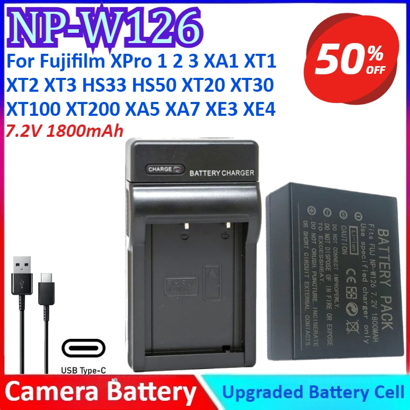 NP-W126 7,2 V 1800mAh batería de cámara + cargador para Fujifilm XPro 1 2 3 XA1 XT1 XT2 XT3 HS33 HS50 XT20 XT30 XS10 XT100 XT200 XA5 XA7