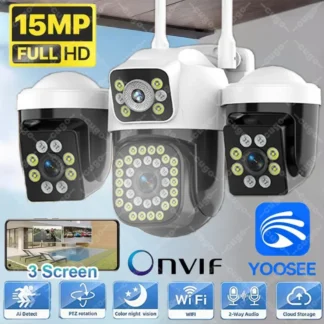 Cámara IP WIFI de tres pantallas para exteriores 8K 15MP cámara PTZ de tres lentes Ai detección humana IP66 impermeable Onvif cámara de seguridad CCTV Yoosee