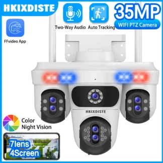 Siete lentes PTZ 10X Zoom forma de bombardero al aire libre 4 pantallas WiFi seguridad Audio bidireccional seguimiento automático cámara CCTV inalámbrica para hogar inteligente