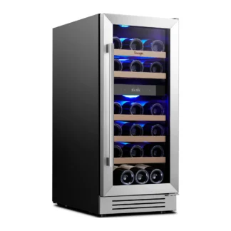 Refrigerador enfriador de vino Yeego 85L - 28 botellas ajustables 5-18 ° C Ventilador Refrigeración Descongelación automática LED azul Puerta de vidrio de acero inoxidable