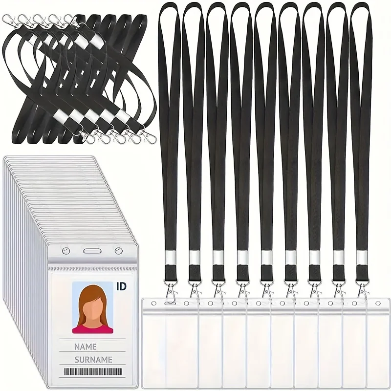 Portatarjetas transparente impermeable con cordón, funda de tarjeta de identificación de plástico con cremallera resellable para oficina y escuela