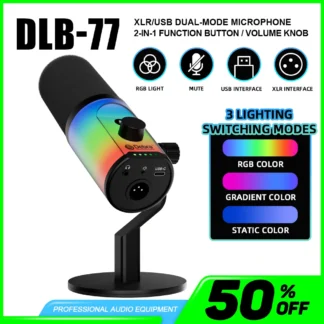 Micrófono dinámico USB XLR profesional con luces RGB, 3 modos de grabación, micrófono condensador cardioide para transmisión de grabadora de Podcast