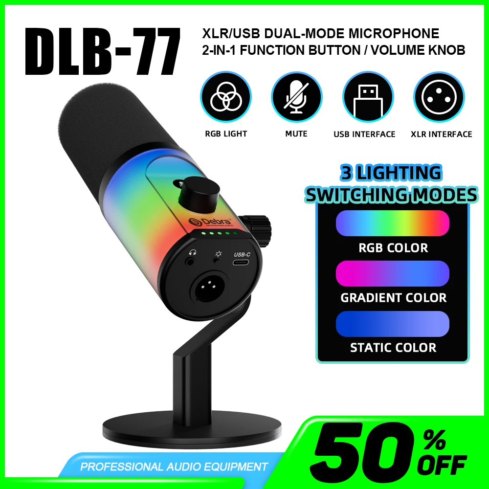 Micrófono dinámico USB XLR profesional con luces RGB, 3 modos de grabación, micrófono condensador cardioide para transmisión de grabadora de Podcast