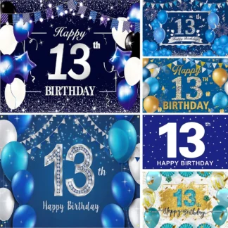 Fondo de fiesta de feliz 13 cumpleaños, cartel de 13 años para niñas y niños, globo dorado negro, fondo oficial para adolescentes