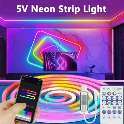 Tira de LED de neón RGBIC USB de 5V, cinta de lámpara de neón RGBIC IP65 de 1/2/3/4/5/10M con aplicación Bluetooth y control remoto para iluminación de decoración de neón DIY