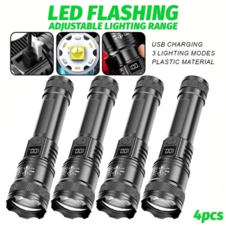 Paquete de 4 linternas LED superbrillantes, recargable por USB, Zoom táctico ajustable para senderismo, Camping, pesca, linterna de emergencia para exteriores