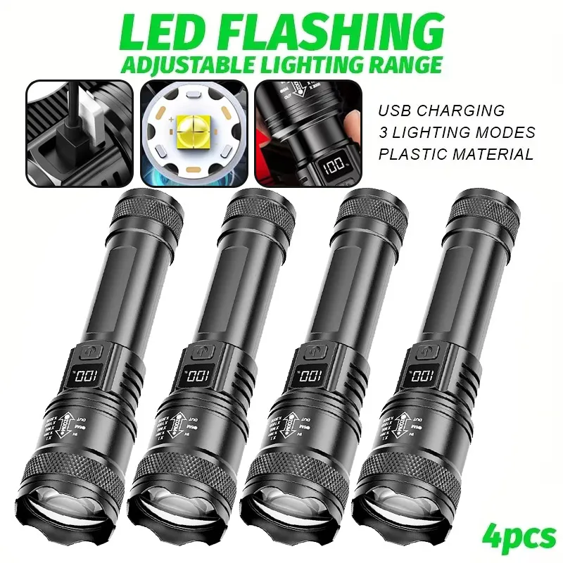 Paquete de 4 linternas LED superbrillantes, recargable por USB, Zoom táctico ajustable para senderismo, Camping, pesca, linterna de emergencia para exteriores