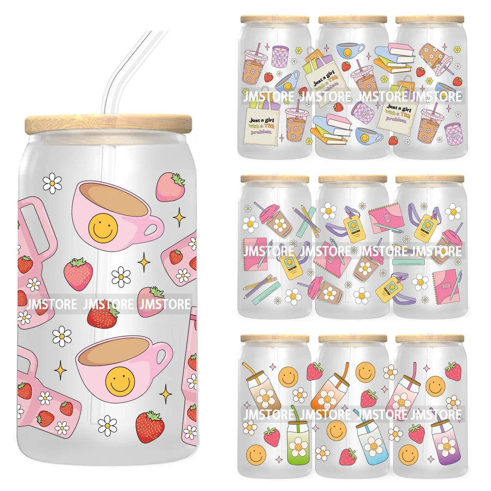 Coqueta de moda, regalo de agradecimiento para profesores, envolturas de tazas UV DTF, pegatina de transferencia para lata de vidrio Libbey de 16OZ, amante del café suave para niñas
