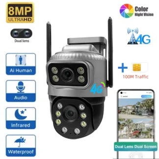 Cámara IP 4G con tarjeta Sim 8MP 4K lente Dual Monitor de vigilancia en exterior cámara web visión nocturna hogar inteligente protección de seguridad CCTV