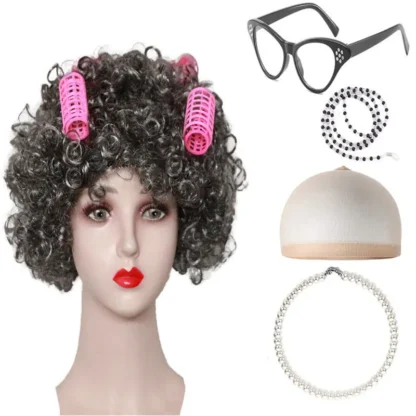 Peluca de anciana de Halloween, pelo corto y rizado para anciana, conjunto de peluca de mujer mayor para espectáculo de bocetos de mediana edad y ancianos
