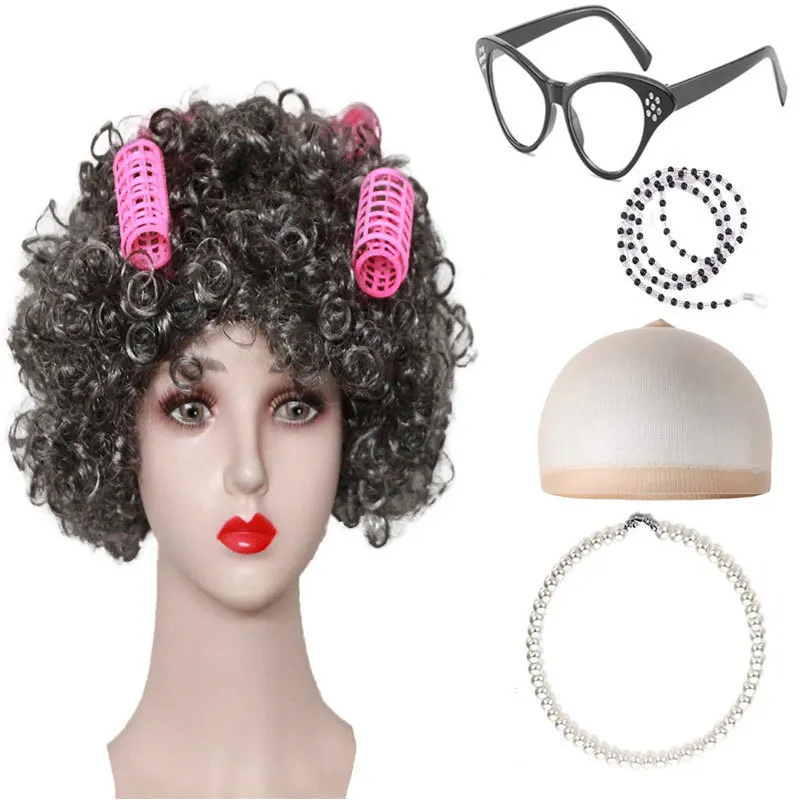 Peluca de anciana de Halloween, pelo corto y rizado para anciana, conjunto de peluca de mujer mayor para espectáculo de bocetos de mediana edad y ancianos