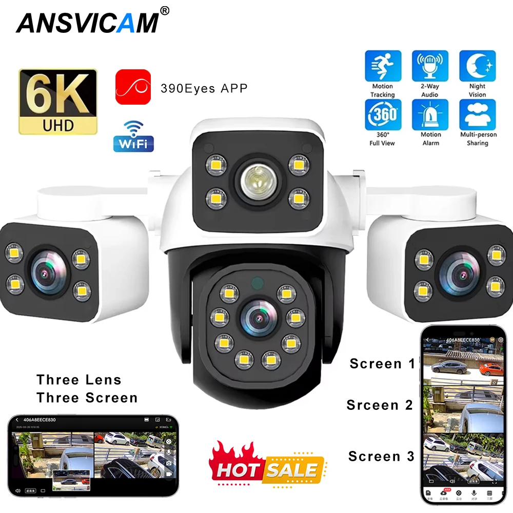 Cámara IP WiFi 6K 12MP HD 3 lentes 3 pantallas cámara exterior tipo humano detección AI seguimiento automático monitoreo de seguridad IP CCTV