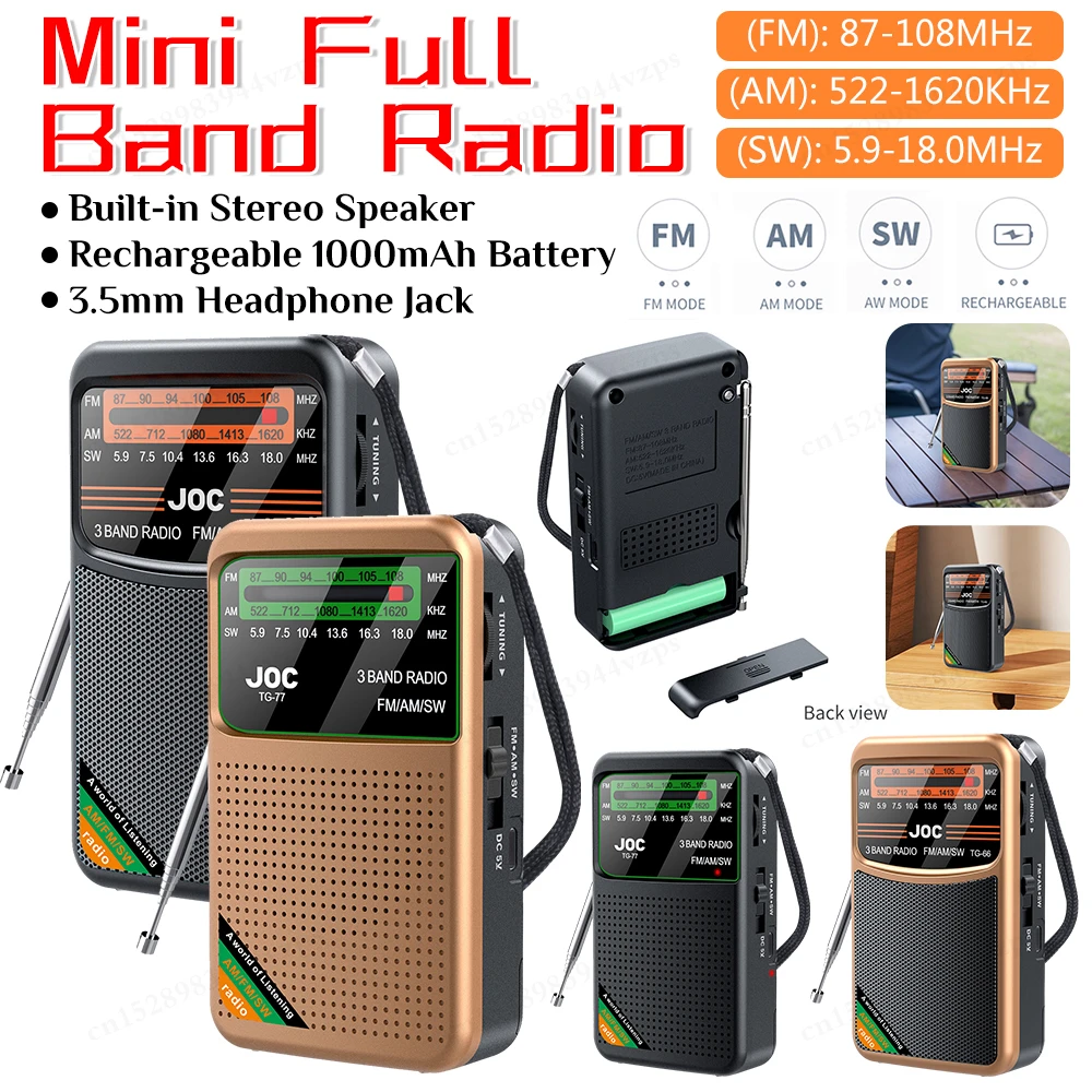 Radio multifuncional de banda completa, Radio FM AM SW, altavoz incorporado, reproductor de Radio Transistor, Radio recargable portátil tipo C