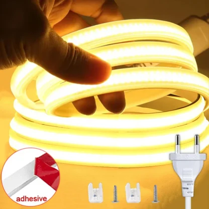 Tira de luces LED superbrillante de 220V, tira de luces LED COB resistente al agua, enchufe europeo, cinta de diodo Flexible para habitación, hogar, cocina, iluminación de jardín